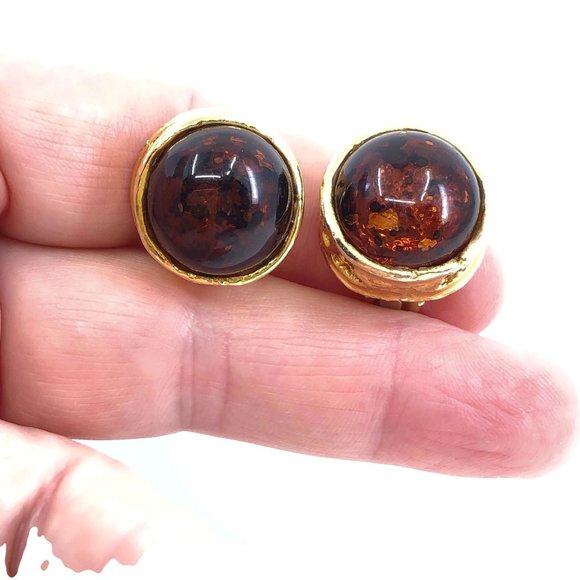 Vintage Amber Glass Clip On Earrings Unsigned, Chunky Round Clips - Picture 3 of 10